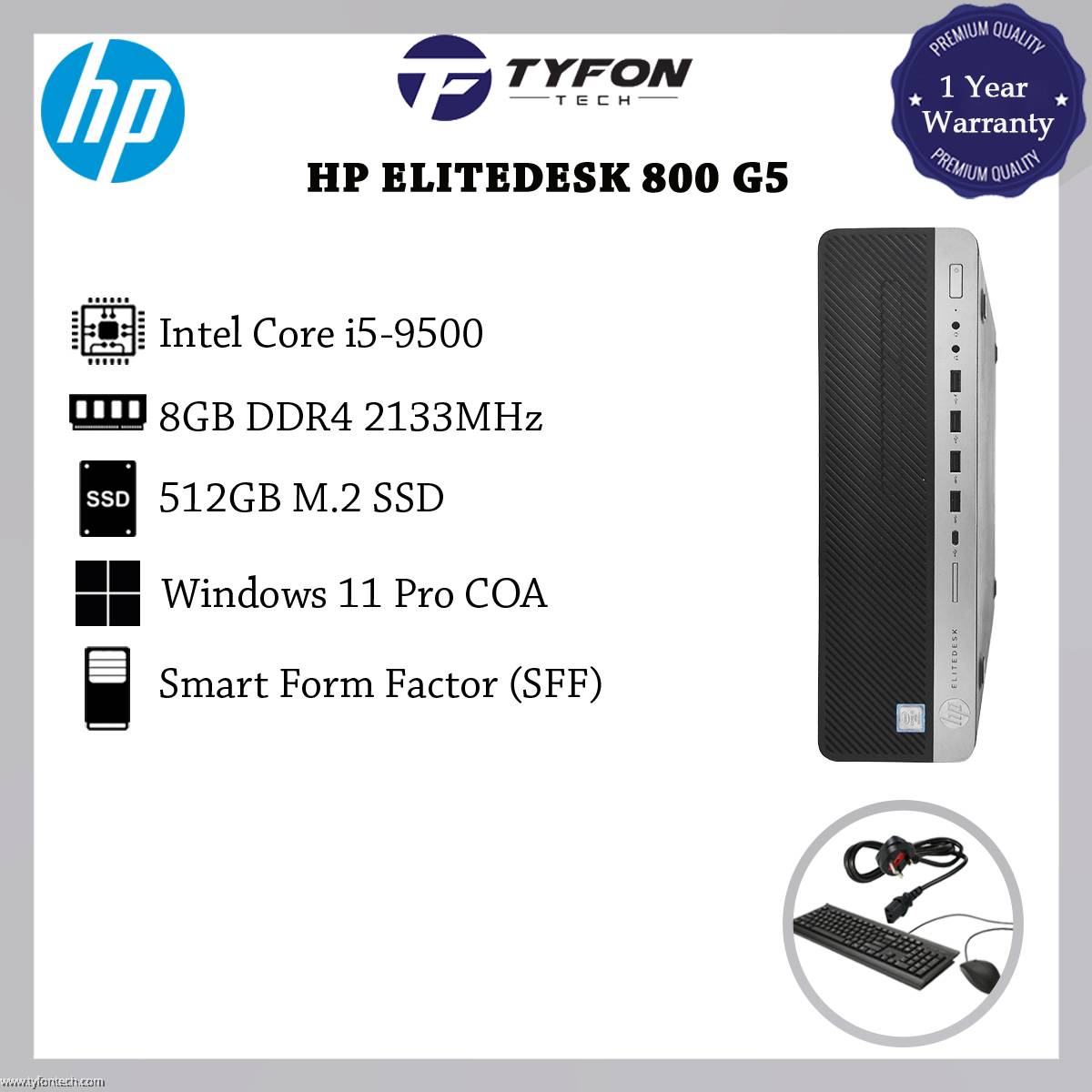 HP EliteDesk 800 G5 SFF i5-9500 8GB DDR4 RAM 512GB M.2 SSD Win 11